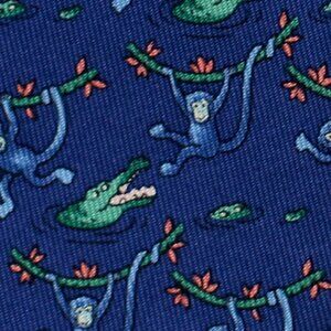 100% REAL HERMES TIE ~ BLUE  FUN MONKEYS SWINGING VINES ABOVE GREEN CROCODILES